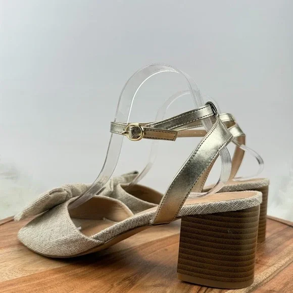 LOFT Beige Woven Bow Block Heel Ankle Strap Sz 9.5M Sandals Gold Shimmer Party - Picture 11 of 12